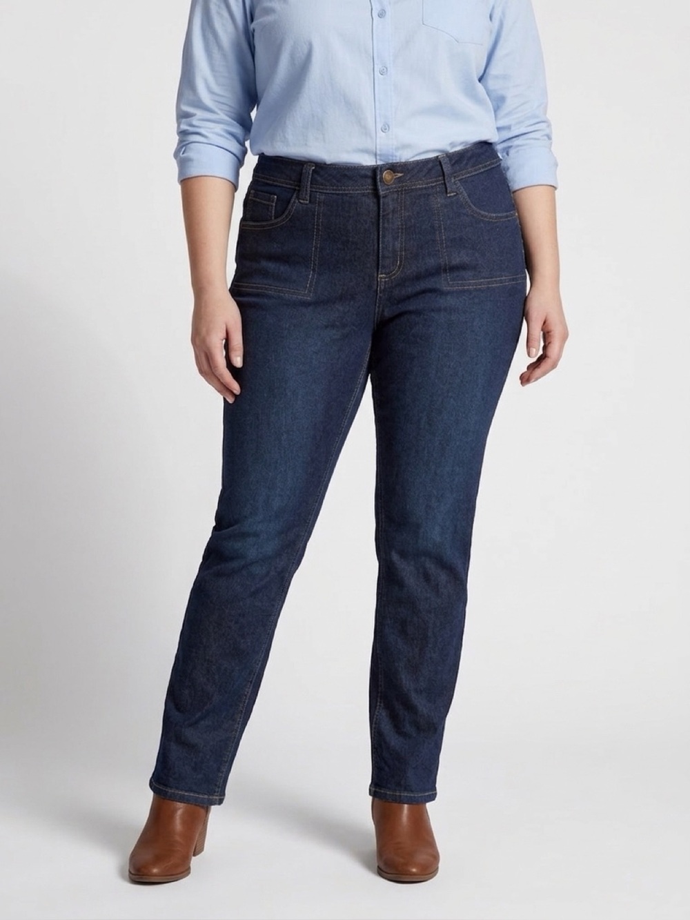Bhip! Dark Indigo Straight Leg Jeans with Patch Pockets